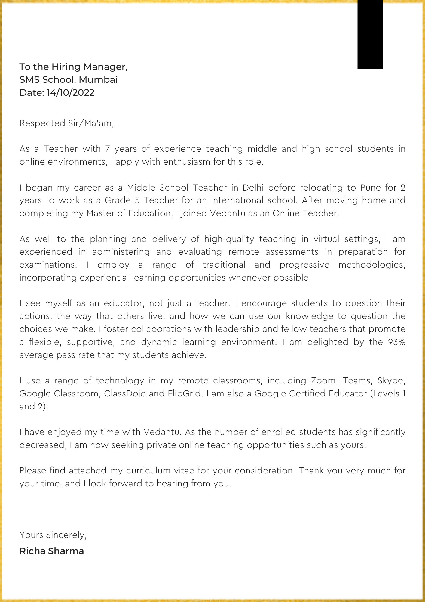 cover letter for teaching experience tefl